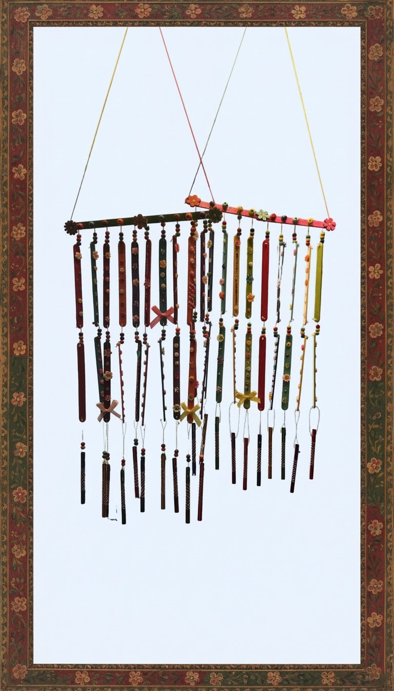 Two sets of large wooden wind chimes decorated with colorful jewels, charms, and flowers, shown within a brown frame against a light green background.