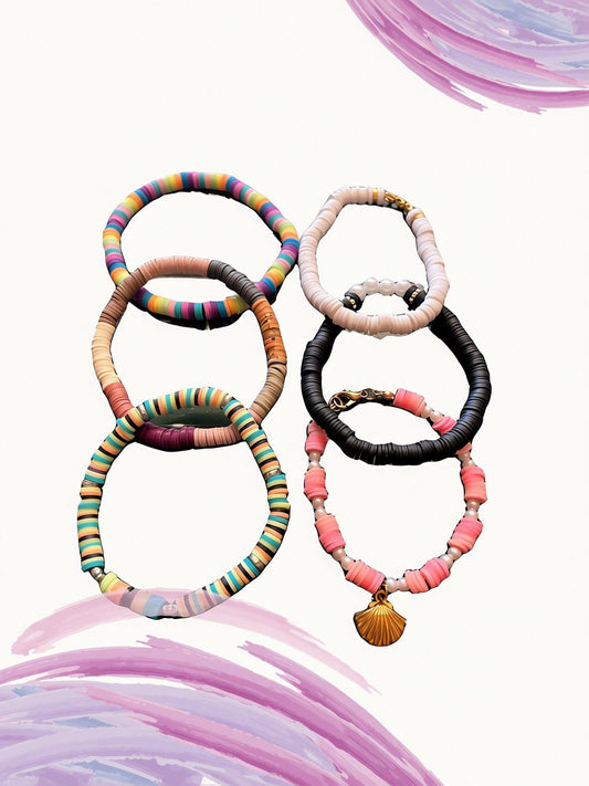  "Six handcrafted heishi bead bracelets in assorted colors"