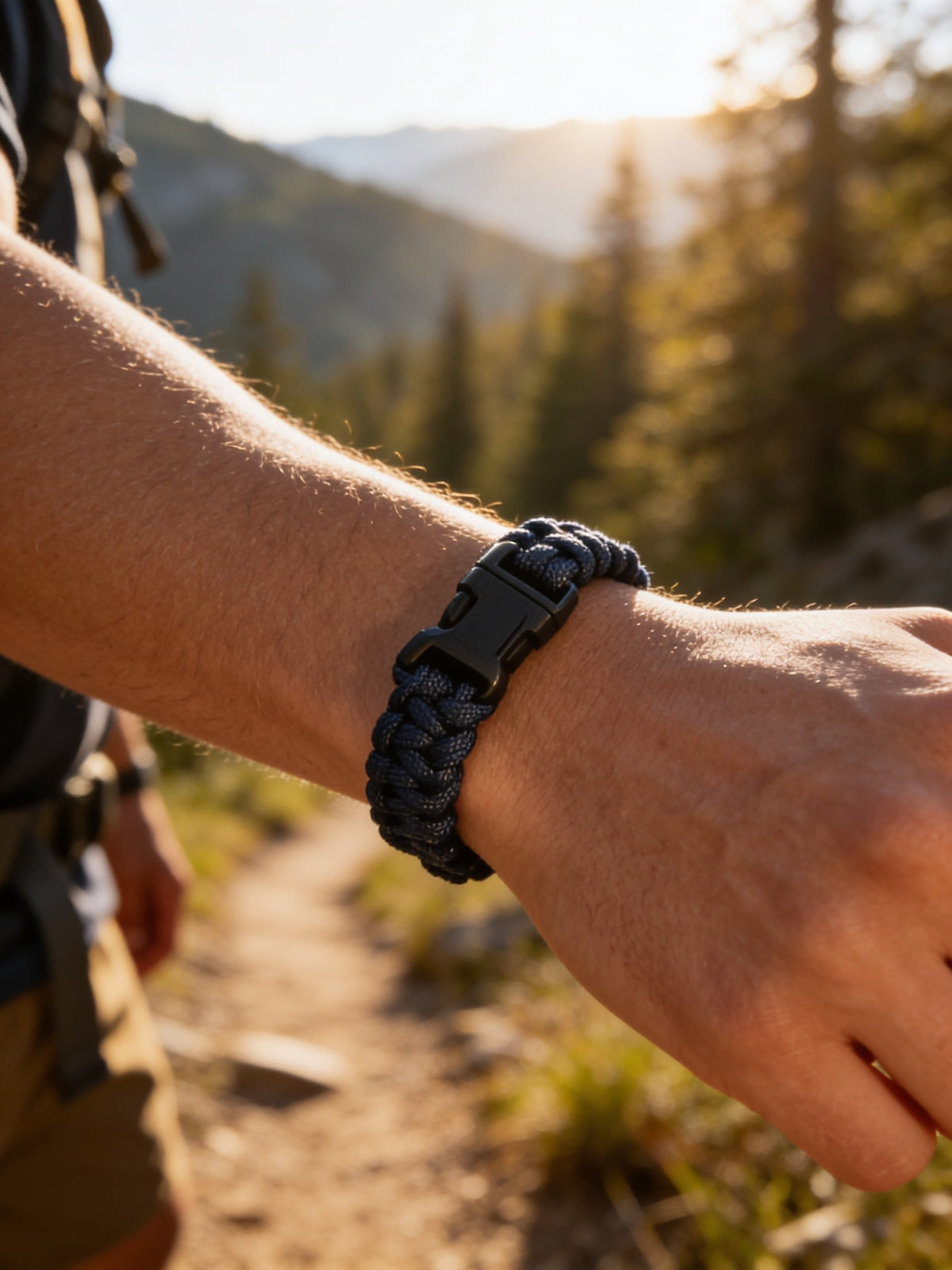 Black paracord survival bracelet with buckle closure worn on a man’s wrist outdoors