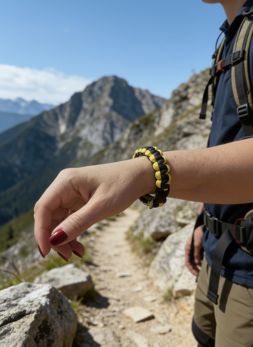 Yellow and dark blue paracord survival bracelet worn on a woman’s wrist while hiking in the mountains