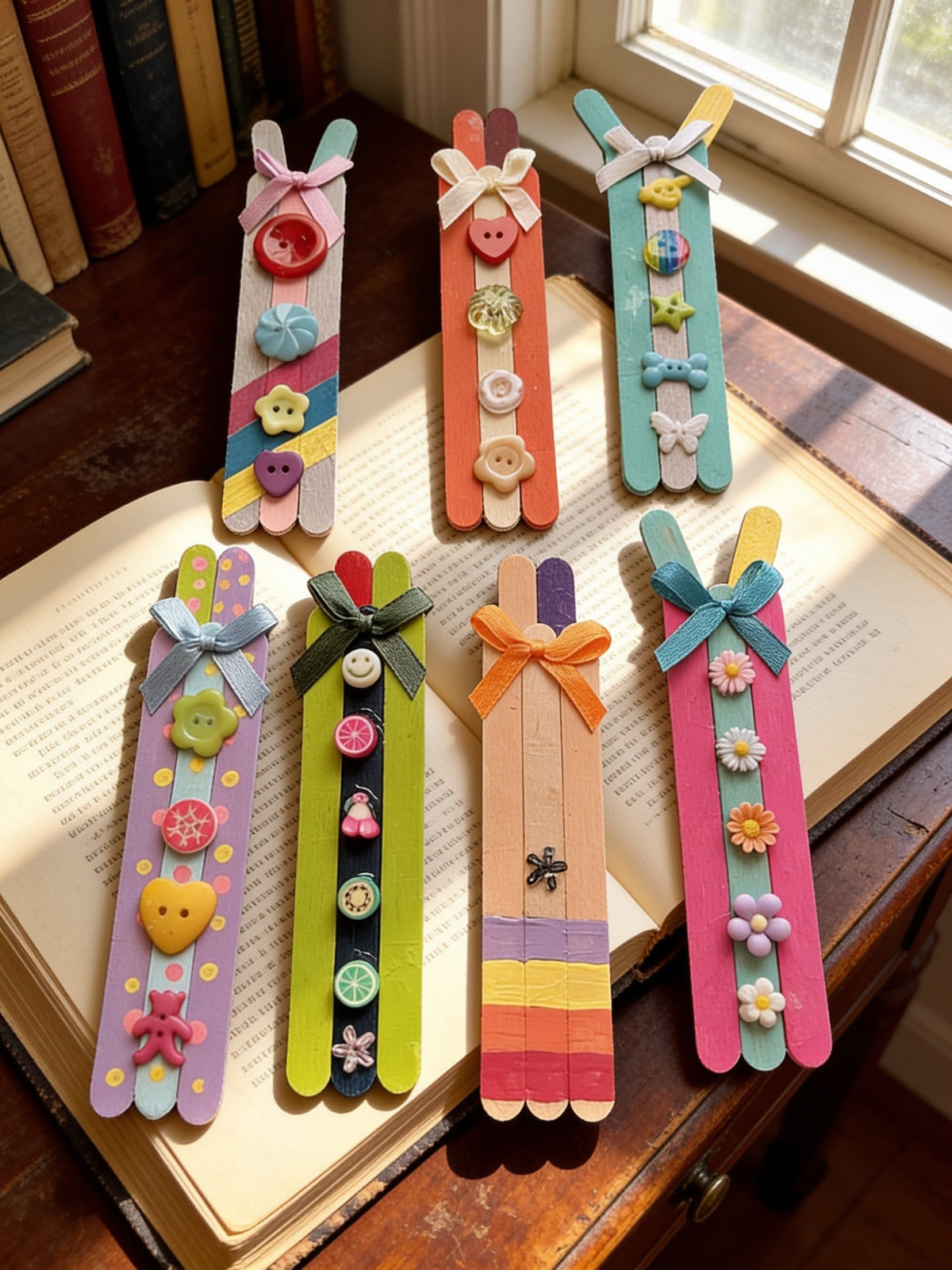 "Seven colorful handcrafted popsicle stick bookmarks decorated with buttons, bows, and charms displayed on an open book"