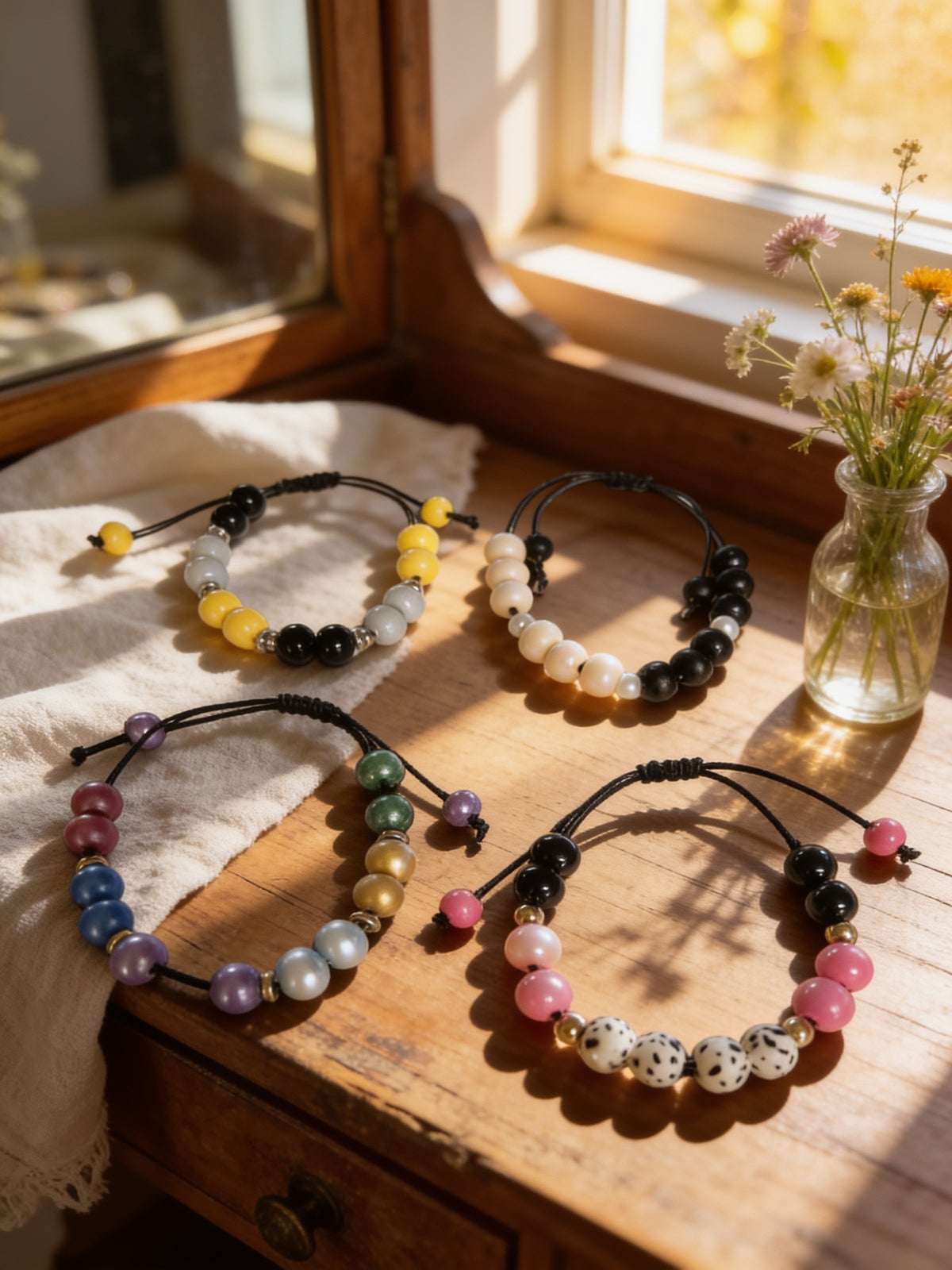  “Four adjustable beaded bracelets in different color combinations arranged on a wooden table beside a small vase of flowers.”