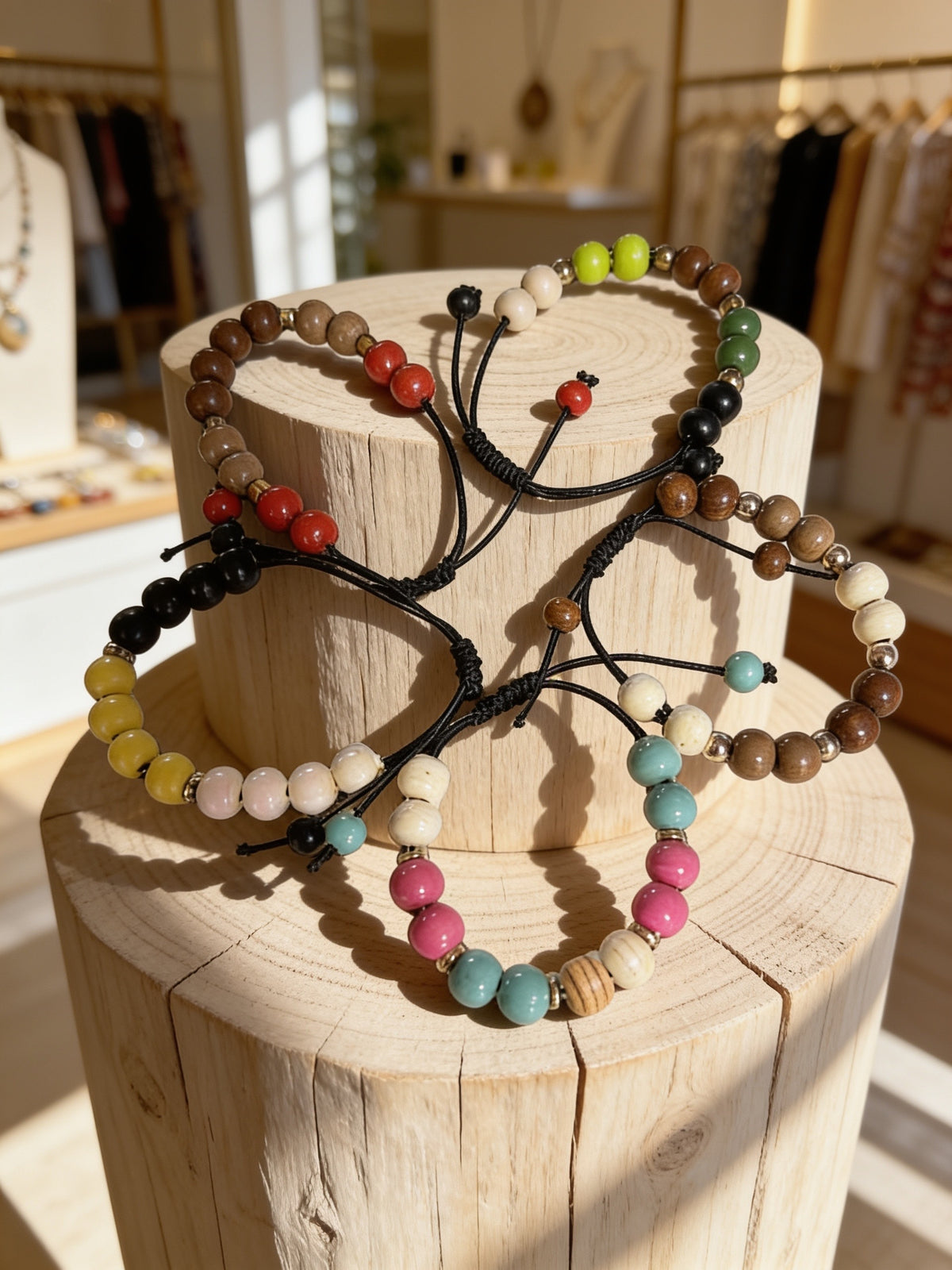  “Assorted adjustable beaded bracelets with colorful beads and black sliding cords displayed on stacked wooden blocks.”