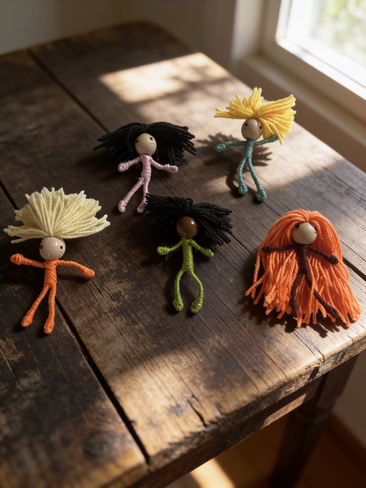 Five colorful handmade bendy dolls with yarn hair posed on a sunlit wooden table.