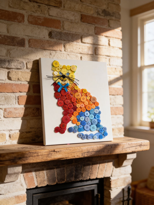  “Colorful handcrafted button art featuring a cat design”