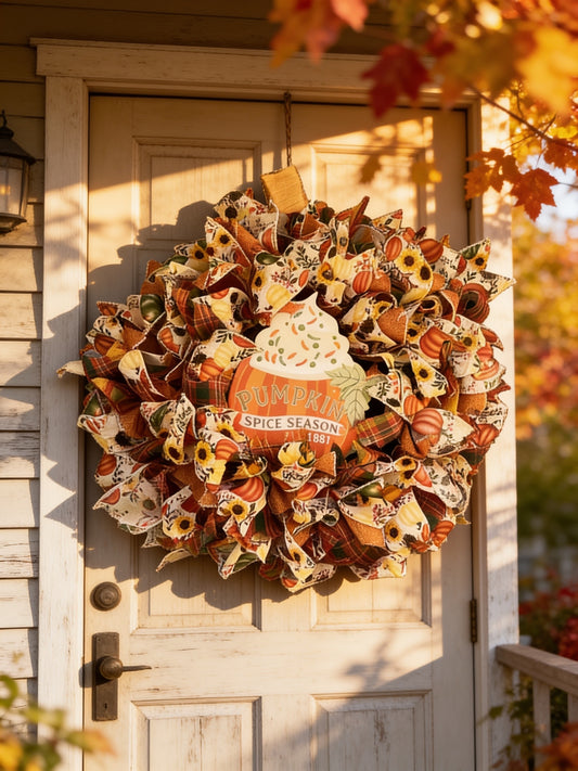 "Designer Pumpkin Bow Wreath hanging on a front door"