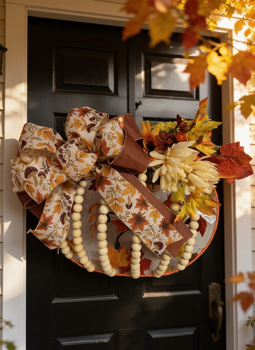 "Designer Pumpkin Shaped Wreath hanging on a front door"