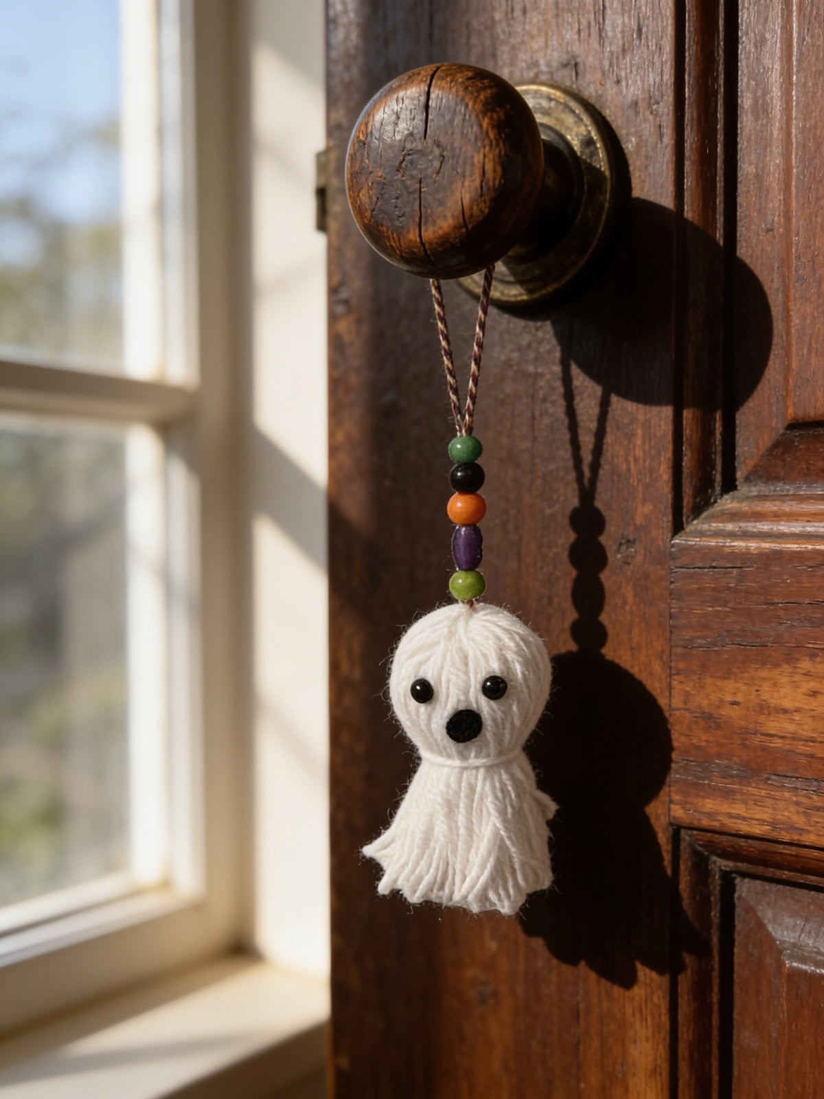 A white yarn ghost door knob hanger with colorful beads hanging from a wooden door beside a window.