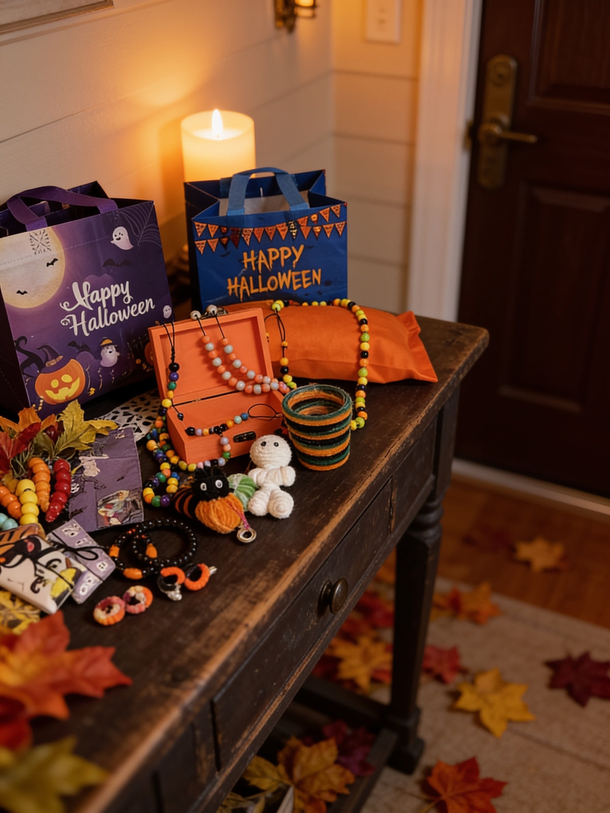 Halloween gift bags, jewelry, an orange pillow and decorative accessories arranged on an entryway table.
