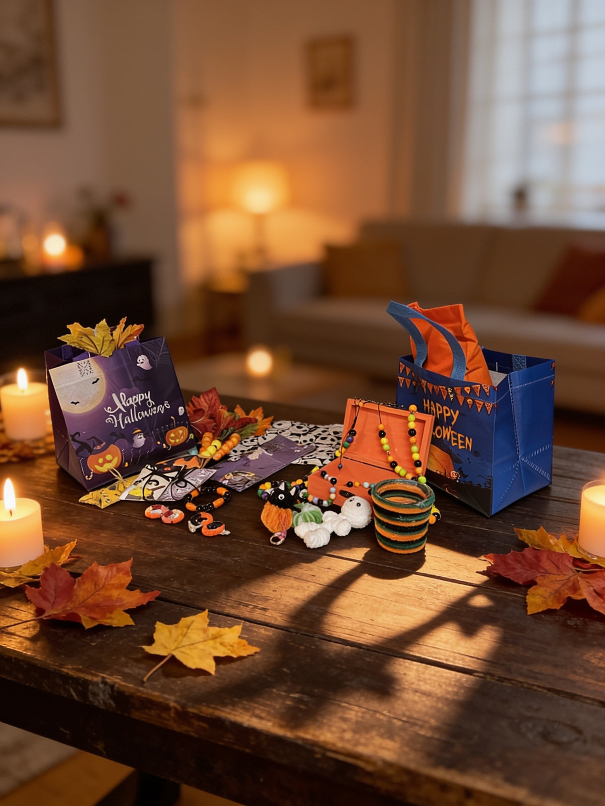 Halloween gift set with bags, jewelry, a wooden jewelry box and decorative accessories displayed on a wooden table.