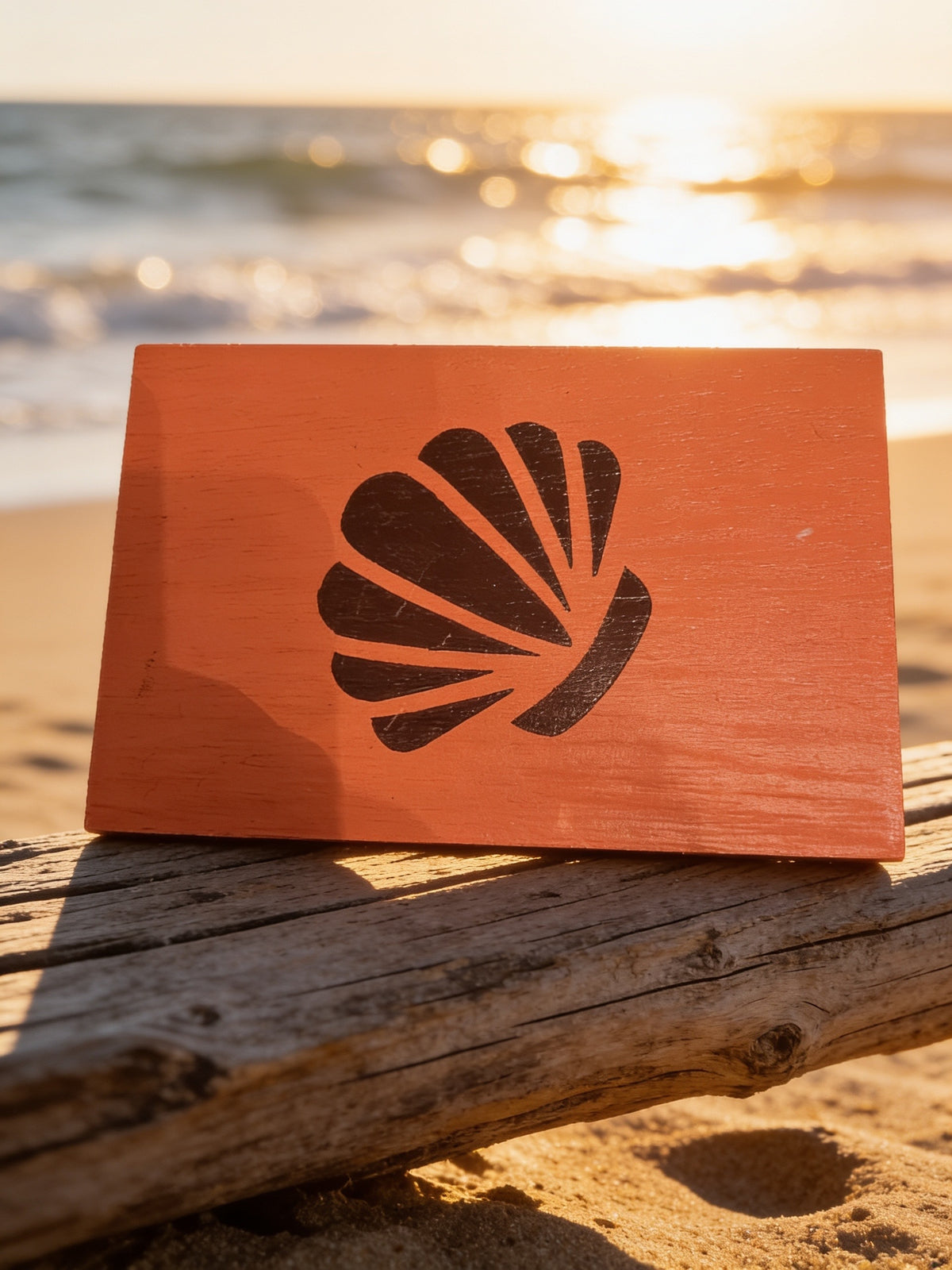 Orange wooden jewelry box with a dark seashell design, displayed on driftwood at the beach.