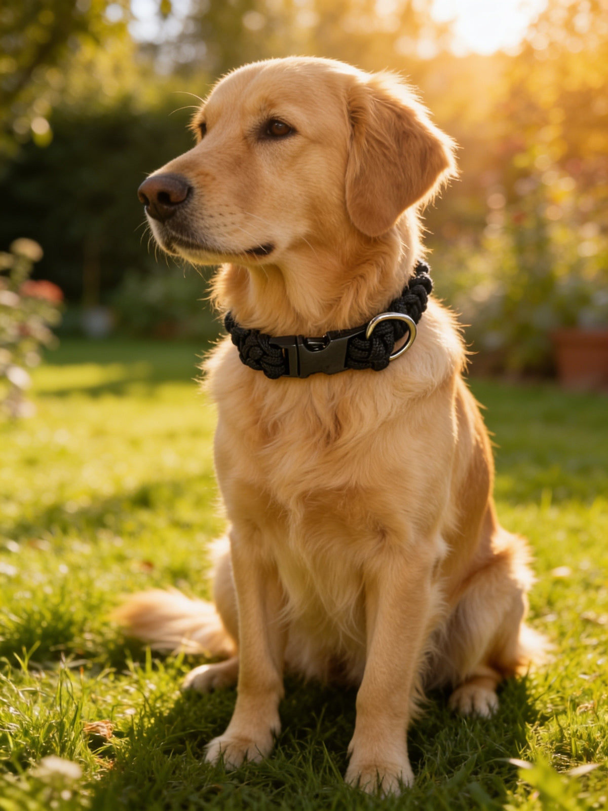 Golden dog sitting on grass wearing a medium black paracord collar with buckle and metal D-ring.