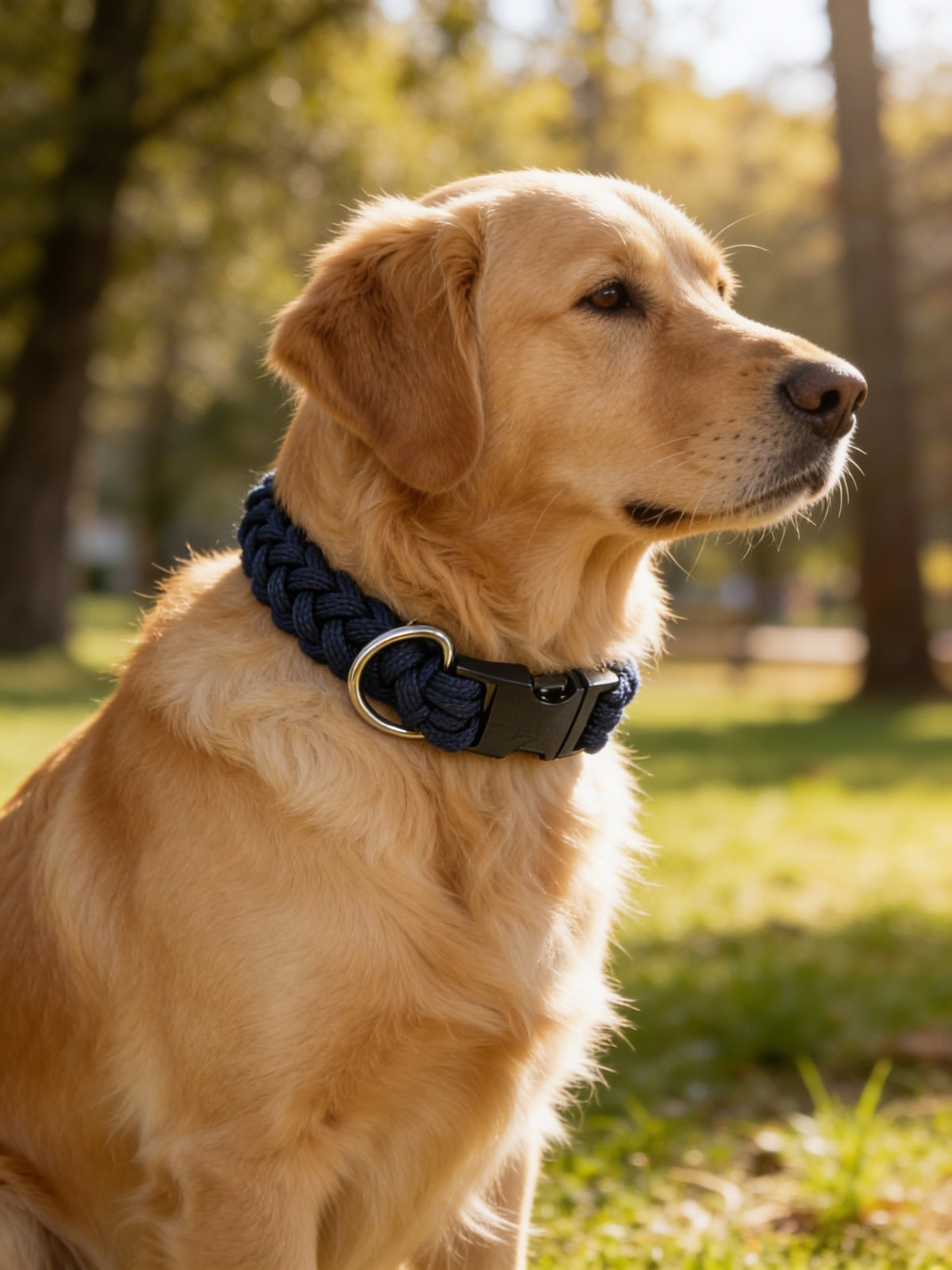 Golden dog outdoors wearing a medium black woven paracord collar with buckle and metal D-ring.