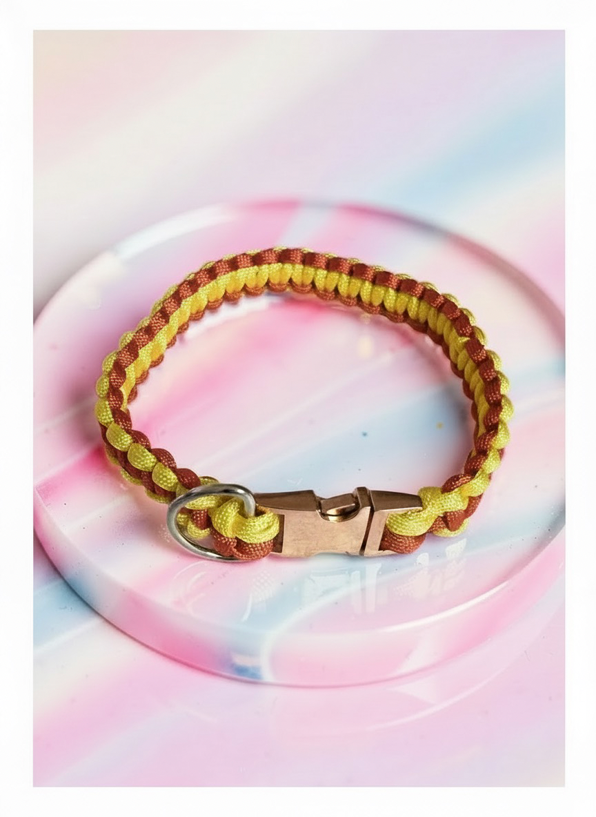  “Red-and-yellow striped paracord dog collar displayed on a round plate with red and pink accents.”