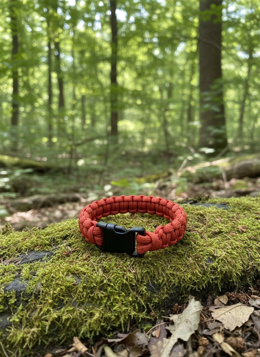 Red paracord survival bracelet with black buckle displayed on moss in a wooded setting