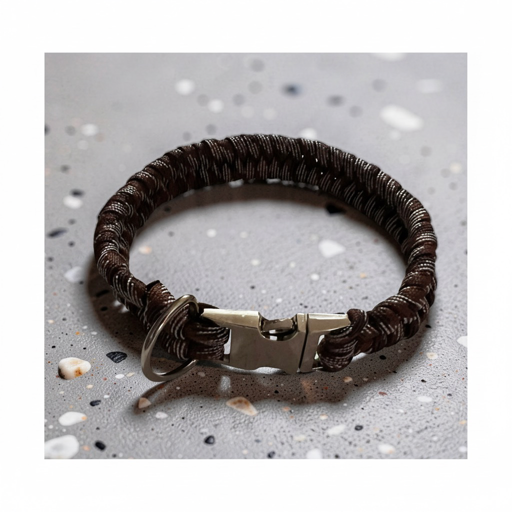 “Scarlet Camo fishtail-braided paracord dog collar with a silver buckle on a gray background.”