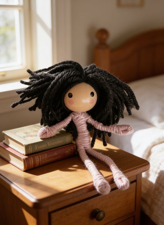 Pink Skeet's Bendy Doll with black yarn hair, black eyes and rosy cheeks sitting beside books on a bedside table.