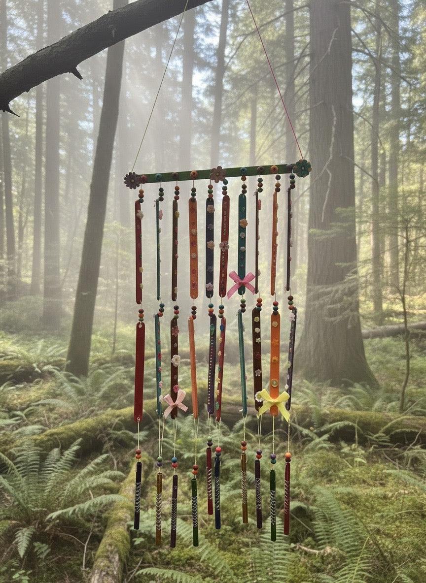 Decorative small wooden wind chimes with colorful jewels, charms, and flowers against a softly misty forest background.