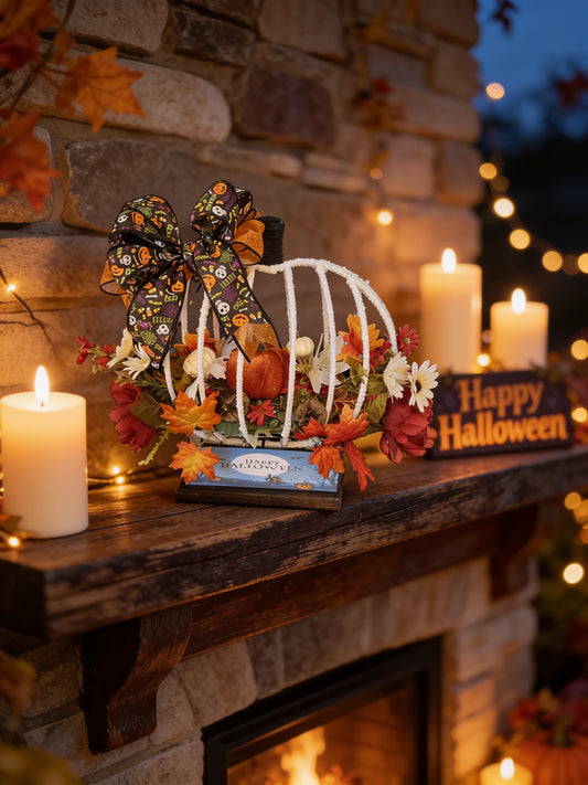 "Halloween Pumpkin Wreath displayed on a mantel with candles"