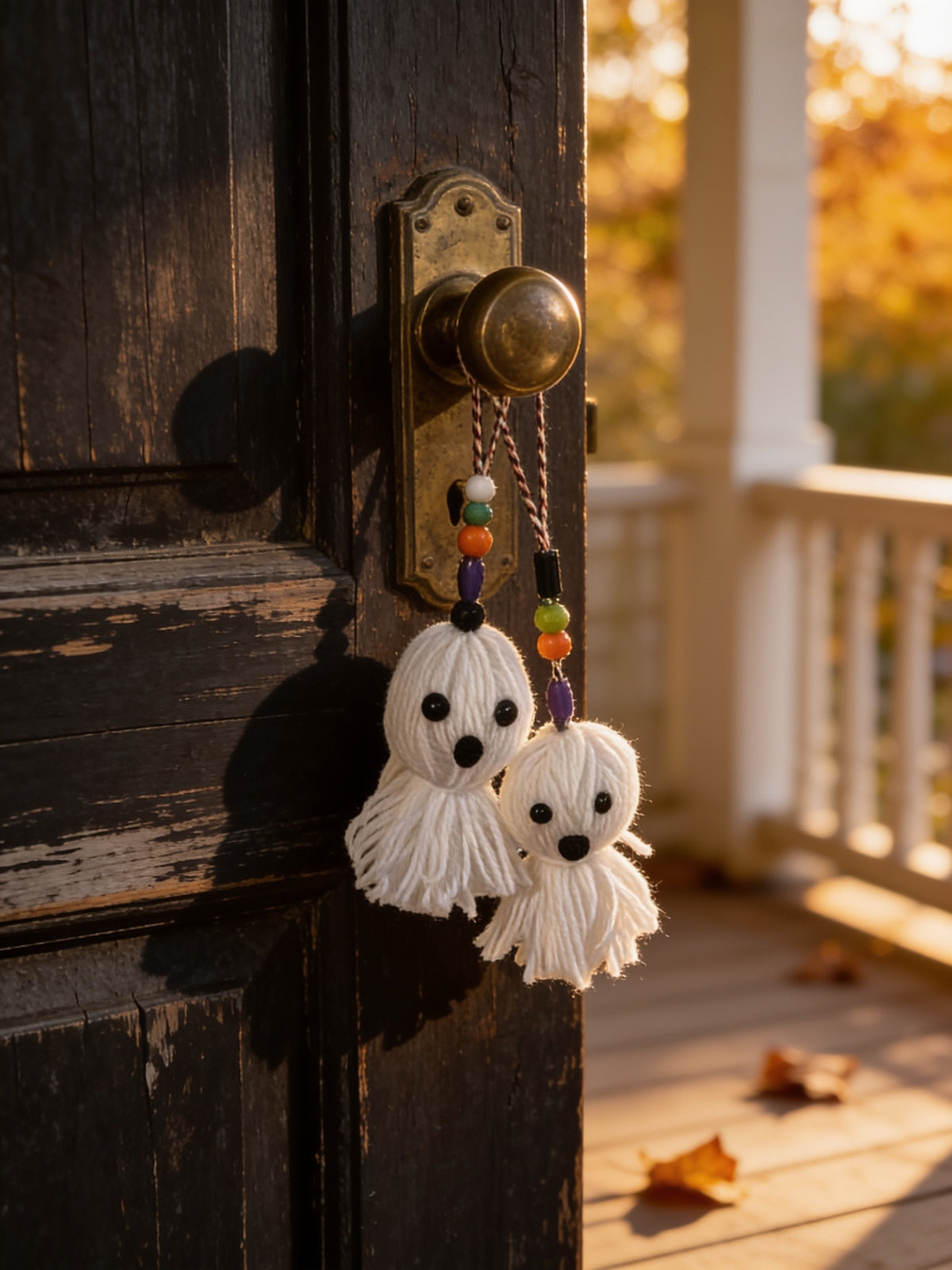 Two white yarn ghost door knob hangers with colorful beads hanging from a dark wooden door.