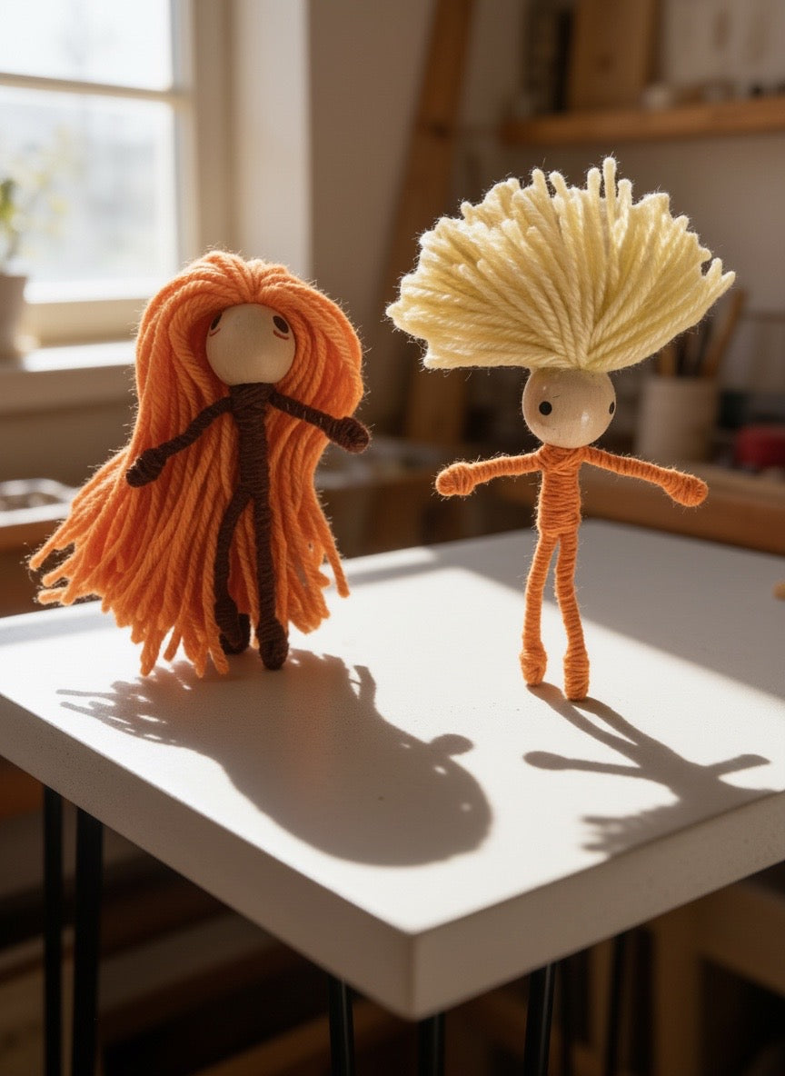 Two Skeet's Bendy Dolls on a table, one with a dark body and orange hair, the other with an orange body and pale yellow hair.