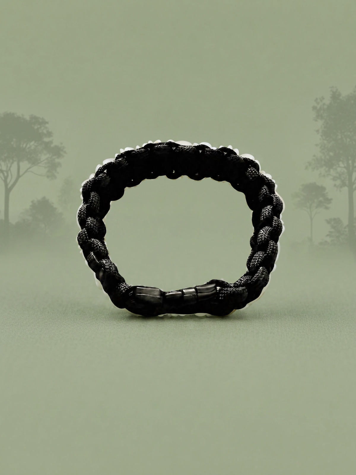 Black paracord survival bracelet displayed in front of foggy trees.